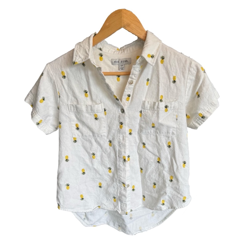 Rae Dunn Pineapple Button-Up Shirt boho chic, resort wear, Y2K aesthetic size S